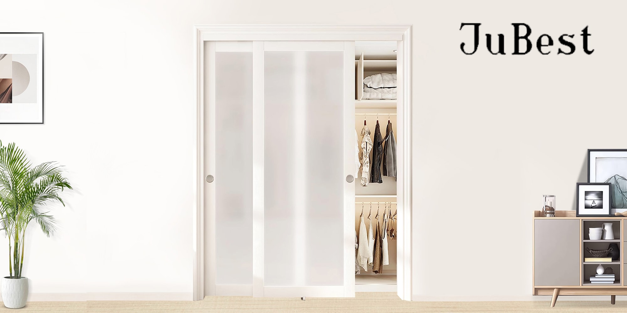 60'' X 80'' 1-Lite Tempered Frosted Glass Wood Double Bypass Sliding Closet Doors With Installation Hardware Kit_voghion.com